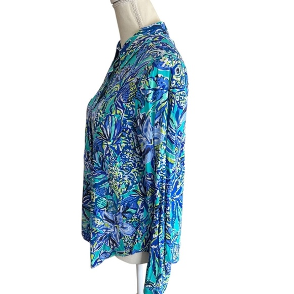 Vibrant Lilly Pulitzer Blue & Green Notched Collar Button-Down Shirt - Picture 3 of 13